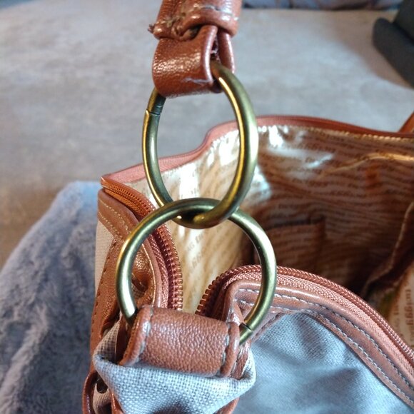 Twiggy London Shoulder Bag Cotton/Linen Vegan Leather Blue Green Beige *FLAWS* - Picture 8 of 16